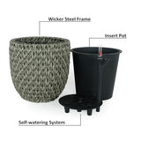 ZUN 14.6" Self-watering Wicker Planter - Garden Decoration Pot - Gray - Round B046P144664