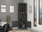 ZUN Syrah Corner Bar Cabinet, Eight Bottle Cubbies, Double Door, Two Open Shelves -Smokey Oak B07091986