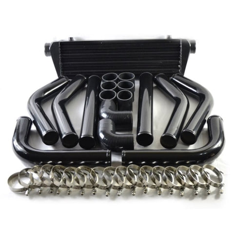 ZUN JDM 28" Turbo Intercooler Black+2.5" Aluminum Black Piping Pipe Kit Black Couplers Black 58093000