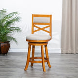 30" Bar Height X-Back Swivel Stool, Natural Finish, Beige Fabric Seat B04660717