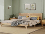 King Size Solid Wood Bed with Rattan Headboard, Rubber Wood Bed with Central Support Beams and W504P444380