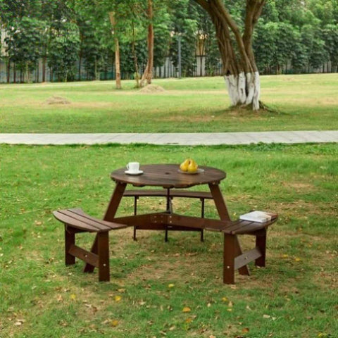 ZUN Outdoor 6 Person Picnic Table, 6 person Round Picnic Table with 3 Built-in Benches, Umbrella Hole, W2275P149763