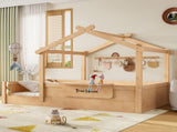 Twin Size Floor Bed with Guardrails and Roof, Kids House Floor Bed with a Small Built-in Tray and W1580P396331