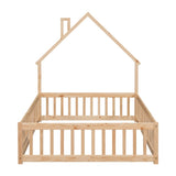 Full House-Shaped Headboard Floor Bed with Fence,Natural W504119482