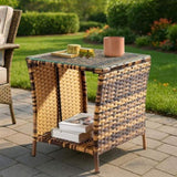 Glass Surface Yellow Gradient Iron Frame Rattan Side Table 64081006