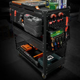3-Tier DIY Detachable Utility Cart Storage Tool Cart With Steel Pegboard, Foldable Rolling Tool Cart W2801P283428