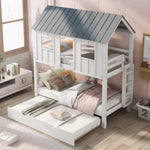 ZUN House Bunk Bed with Trundle,Roof and Windows,White 44673270