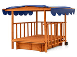 Cedar Wood Kids Sandpit with Playhouse & Canopy, Sandbox with Rear Wheels, NaturalBlue 05048118