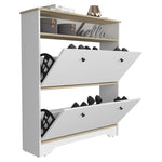 ZUN Calgary Shoe Rack, Superior Top, One Open Shelf, Two Extendable Shelves -Light Oak / White B20092079