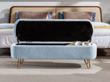Blue Storage Ottoman Bench for End of Bed Gold Legs, Modern Grey Faux Fur Entryway Bench Upholstered W1170104171