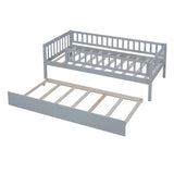 Twin Size Wood Daybed with Trundle and Fence Guardrails, Gray WF301862AAE