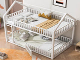 Metal Twin over Twin House Bunk Bed with Fence and Door, White N709P214091K