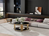 Modern Black Mirror Coffee Table, Asymmetrical Metal, Circular Metal Drum Base, Gold Finish & Lower N735P177478B