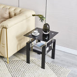 2-Piece Tempered Black Glass Sofa Table, Black Noghtstand with Metal Leg for Living Room W1718127063