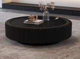 Black Round Fluted Coffee Table with Tempered Glass Top, PU Leather Body , Baked Enamel Metal Base & W3081P428980