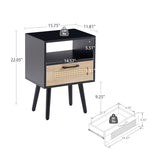 ZUN 15.75" Rattan End table with drawer and solid wood legs, Modern nightstand, side table for living W2181P201362