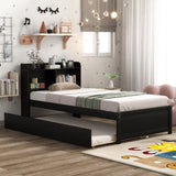 ZUN Twin Bed with Trundle,Bookcase,Espresso 74037442
