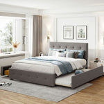ZUN Upholstered Platform Bed with 2 Drawers and 1 Twin XL Trundle, Linen Fabric, Queen Size - Light Gray 33415724