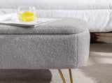 Grey Storage Ottoman Bench for End of Bed Gold Legs, Modern Grey Faux Fur Entryway Bench Upholstered W117082033
