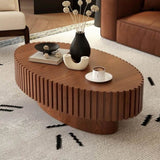 Oval Coffee Table Handcrafted Relief Sturdy Pedestal Wooden Olive-Shaped Tea Table for Living Room W3081P255090
