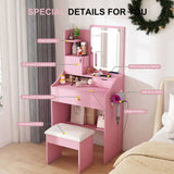 3-Color LED Vanity Mirror with Stool, Pink Dressing Table for Bedroom, 2 Drawers & 5 Storage 97085994