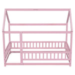 ZUN Twin Size Floor Wooden Bed with House Roof Frame, Fence Guardrails,Pink W504P174635