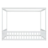 Full Size Canopy Frame Floor Bed with Fence, Guardrails,White W504P143282