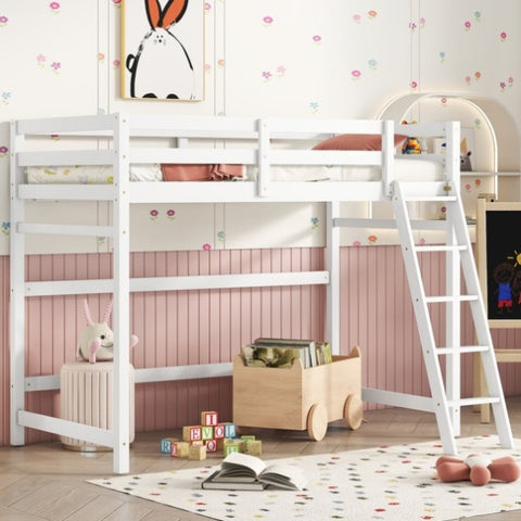 ZUN Twin Size High Loft Bed with inclined Ladder, Guardrails,White 52958115