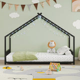 Twin size children's bed frame with LED light strips, roof-shaped iron frame bed, black,78.5" L x 49013984