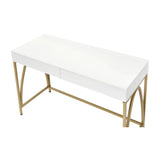 2 Drawers Writing Desk with Metal Trestle Base, White High Gloss and Gold B016P317513