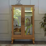 Elegant Light Oak Curio Cabinet with Tempered Glass Doors, LED Light, Mirrored Back Panel & W1758P290028