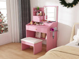 3-Color LED Vanity Mirror with Stool, Pink Dressing Table for Bedroom, 2 Drawers & 5 Storage W2700P457871