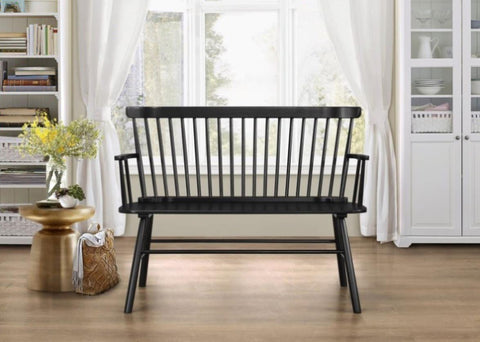 ZUN 1pc Casual Farmhouse Relaxed Vintage Wood Spindle Back Bench Black Wooden Chair B011P284204