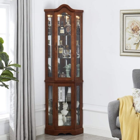 ZUN Corner Curio Cabinet with Lights, Adjustable Tempered Glass Shelves, Mirrored Back, Display W1693P171662