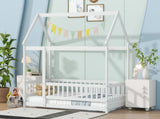 Twin Size House Floor Wooden Bed with Roof Frame,Safety Guardrails,White W504P286403