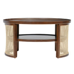 ZUN 2-Tiered Round Walnut Wood Coffee Table with Storage Rattan Base in 31.3'' N735P185131D