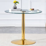 A 35-inch diameter glass top and a modern, minimalist round dining table with gold metal legs. Ideal W1151P263755