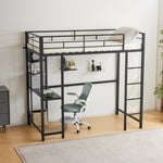 ZUN Twin Size Metal Loft Bed with Desk and Storage Shelves, 2 Built-in Ladders & Guardrails, Loft Bed 24084239