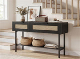 Black Rattan Console Table with Storage Cabinets & Open Shelf, 40 Inch Entryway Table with Sturdy 10366281