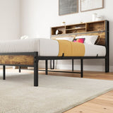 Full Size Bed Frame with Storage Headboard, Metal Platform Bed with Charging Station, Bookcase W840127763