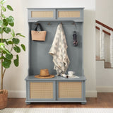 Casual Style Hall Tree Entryway Bench with Rattan Door Shelves and Shoe Cabinets, SOLID WOOD Feet, W1758126925
