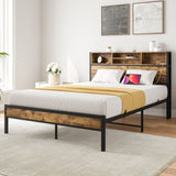 Full Size Bed Frame with Storage Headboard, Metal Platform Bed with Charging Station, Bookcase W840127763
