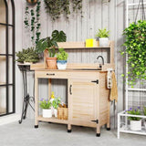 Natural Wood Outdoor Potting Bench with Storage Cabinet,Sink and Faucet ,Hooks 83627467