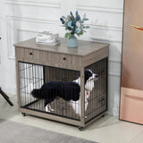 ZUN 38.4" Wooden Dog Crate Furniture Decorative Pet Cage Dog Kennel with 2 Drawers 54423538