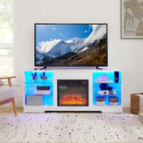 ZUN TV Stand Electric Fireplace Glass Shelves, 3D Fireplace TV Stand with LED Lights Wood with USB 76960554