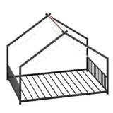 Full size children's bed frame with LED light strips, roof-shaped iron frame bed, Black,78.5" L x 17173656