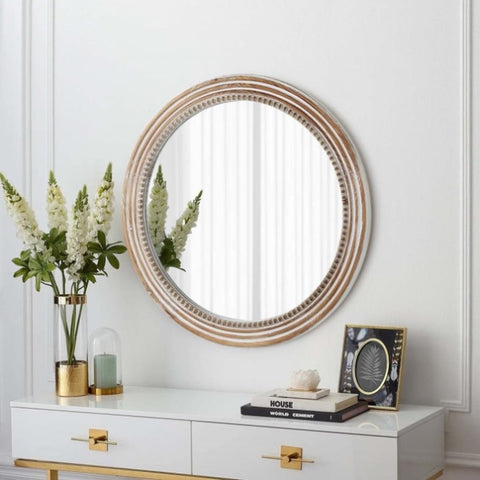 ZUN Rustic Round Wall Mirror, 23.62 Inches Wood Circle Mirror with Beads, Decorative Farmhouse Mirror W2295P246677