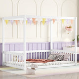 Full Size Canopy Frame Floor Bed with Fence, Guardrails,White W504P143282