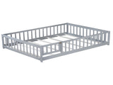 Full Size Floor Bed with Fence and Door,Rubber Wood Floor Bed with Safety Guardrails,Grey W504P296784