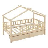 Twin Size Wooden House Bed with Two Drawers, Natural WF302181AAN